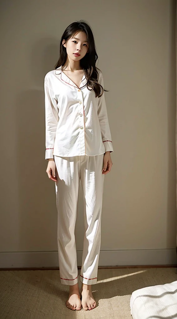 Photorealistic、 Female photos、 Akihide Tamura、pajamas、In the room、Solid color background、whole body、Long legs、Fair skin tone、White clothes、The Girl Next Door、No makeup、sweet、、sleepy、Standing、blur background