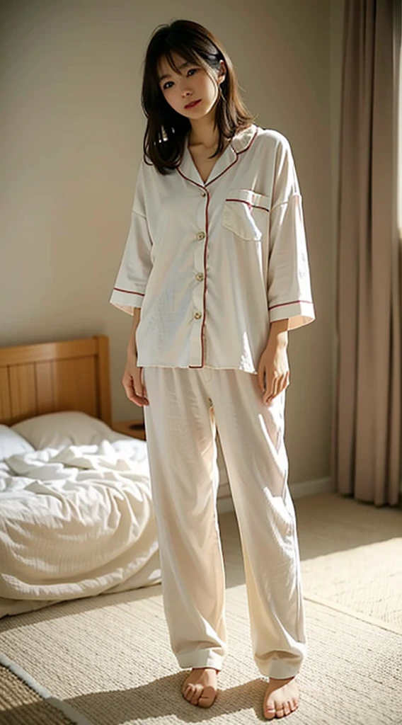 Photorealistic、 Female photos、 Akihide Tamura、pajamas、In the room、Solid color background、whole body、Long legs、Fair skin tone、White clothes、The Girl Next Door、No makeup、sweet、、sleepy、Standing、blur background