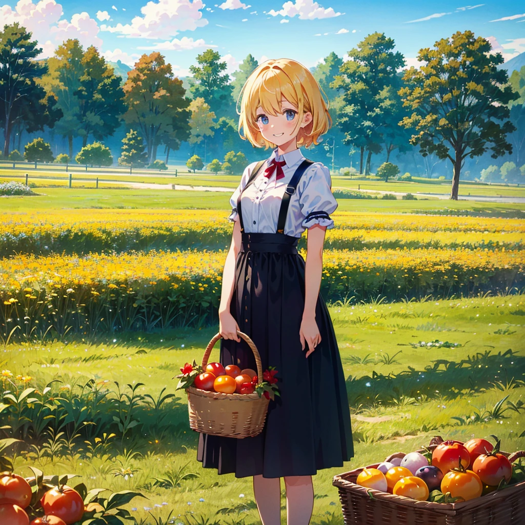 Masterpiece, highest quality, high resolution background, bright and beautiful atmosphere, 3 girls (, 1 short-tempered round face), 1 (hair, surface effects), small breasts, vast field, dressed as a farmer There are many bright red ripe tomatoes hanging in the basket, and the girl is holding the tomatoes with a big smile on her face. "deltamon_sdXL :0.73) >Deltamon