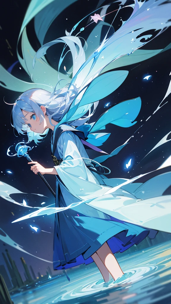 Highest quality,masterpiece,colorful,The background is the deep blue sea,Transparency,Use HDR technology to create a sense of depth,beautiful,beautiful自然,5 year old girl,Wearing a wizard's robe,He holds a magic wand in his right hand, holding it high,Narrow and gentle eyes,mysterious,Silver hair decorated with blue flowers,Fantasy atmosphere,beautiful虹色の蝶々is flying in the air,Star-shaped magic circle,Water Magic