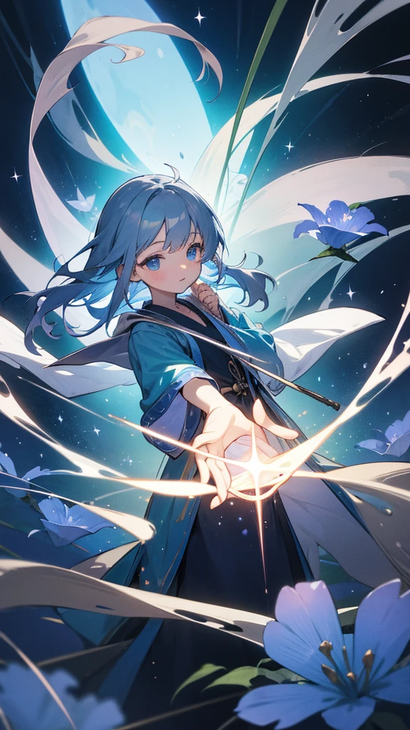Highest quality,masterpiece,colorful,The background is the deep blue sea,Transparency,Use HDR technology to create a sense of depth,beautiful,beautiful自然,5 year old girl,Wearing a wizard's robe,He holds a magic wand in his right hand, holding it high,Narrow and gentle eyes,mysterious,Silver hair decorated with blue flowers,Fantasy atmosphere,beautiful虹色の蝶々is flying in the air,Star-shaped magic circle,Water Magic