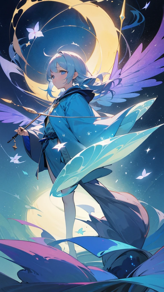 Highest quality,masterpiece,colorful,The background is the deep blue sea,Transparency,Use HDR technology to create a sense of depth,beautiful,beautiful自然,5 year old girl,Wearing a wizard's robe,He holds a magic wand in his right hand, holding it high,Narrow and gentle eyes,mysterious,Silver hair decorated with blue flowers,Fantasy atmosphere,beautiful虹色の蝶々is flying in the air,Star-shaped magic circle,Water Magic