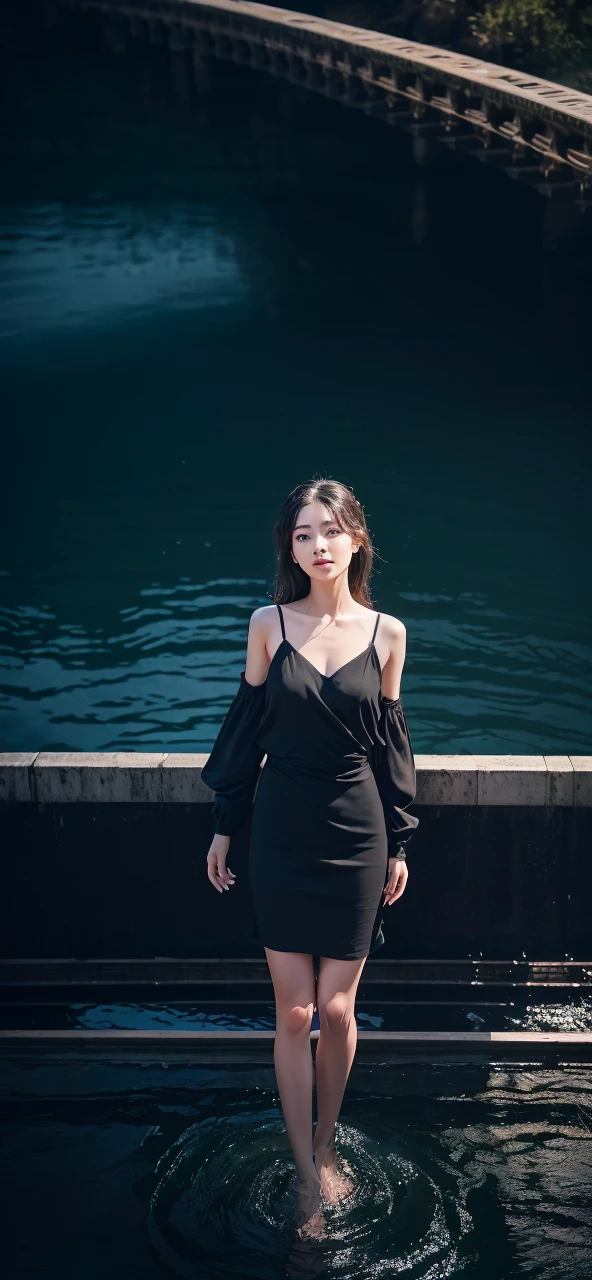 ((Highest quality:1.9、Detailed skin type))、((whole body:2.1))、Adorable eyes、Long eyelashes、Parallel eyebrows、Delicate style、Long, shiny, moisturized hair、one piece、Analog Style, Model shooting style, RAW close-up portrait of one girl, ((Beautiful Face: 1.7,
Perfect Face:1.3)), (From above:1.2), Highest quality, amazing (Photo by Lee Jeffries, Sony a7, 50mm, pores:1.5, color, Ultra-detailed:1.5, Film Grain:1.4, Ultra-realistic realistic texture, masterpiece, Unreal Engine 5, Highly detailed CG Unity 8k wallpaper, Realistic eyes,
Highly detailed photos, (Ecstasy of Light and Shadow, Deep Shadow), (Winner of the Pulitzer Prize and Taylor Wessing Prize for Photography)、High quality masterpiece, landscape, Animated train passing through water on the tracks, Bright starry sky、