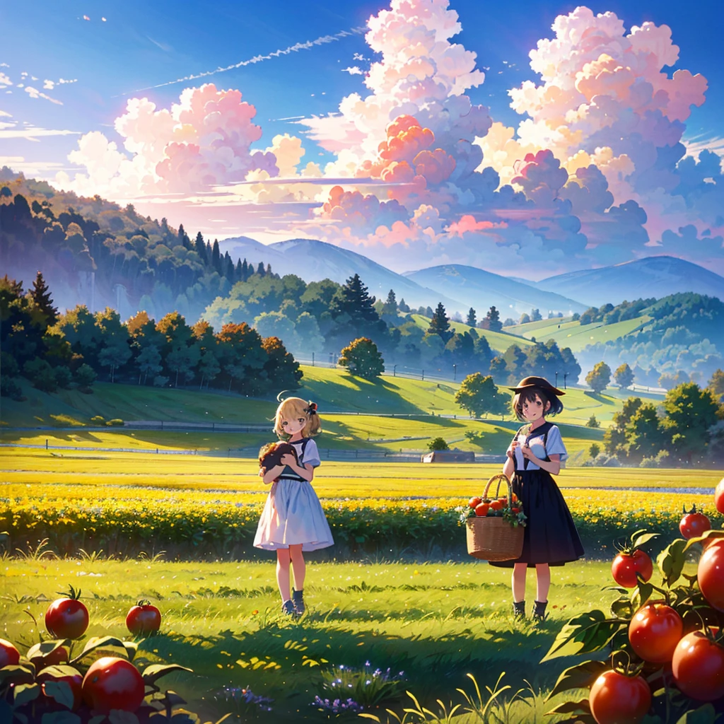 Masterpiece, highest quality, high resolution background, bright and beautiful atmosphere, 3 girls (2 years old, 1 short-tempered round face), 1 (hair, surface effects), small breasts, vast field, dressed as a farmer There are many bright red ripe tomatoes hanging in the basket, and the girl is holding the tomatoes with a big smile on her face. "deltamon_sdXL :0.73) >Deltamon