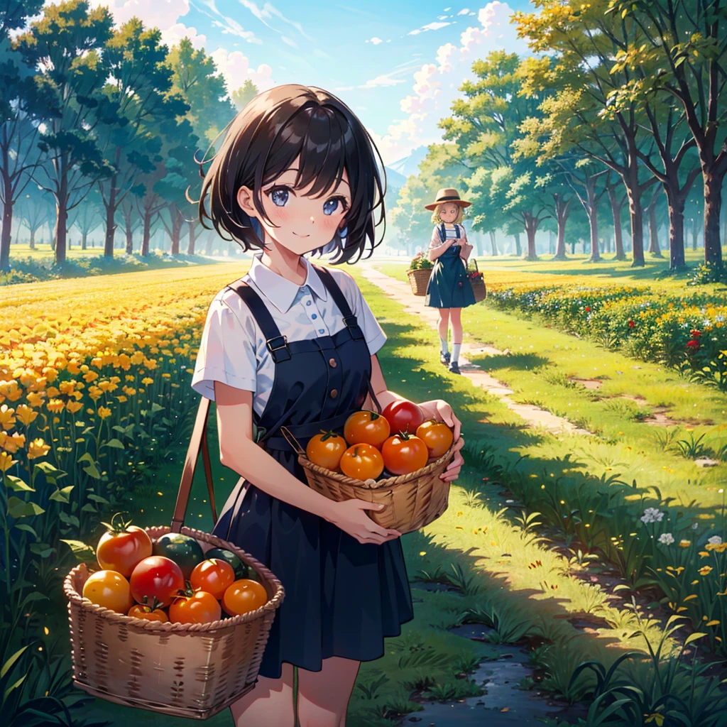 Masterpiece, highest quality, high resolution background, bright and beautiful atmosphere, 3 girls (2 years old, 1 short-tempered round face), 1 (hair, surface effects), small breasts, vast field, dressed as a farmer There are many bright red ripe tomatoes hanging in the basket, and the girl is holding the tomatoes with a big smile on her face. "deltamon_sdXL :0.73) >Deltamon