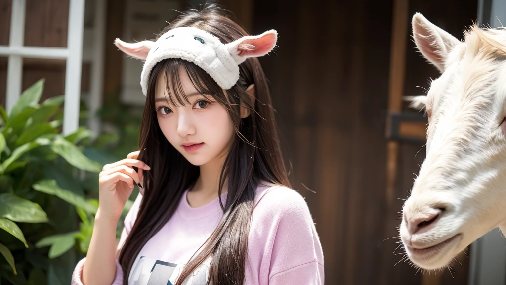 A cute 20-year-old girl wearing a goat headgear