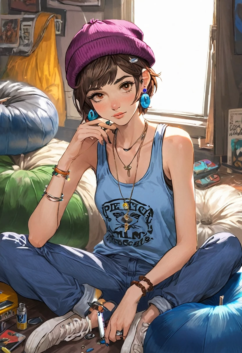 Adult female, mature, very short shaggy brown hair, brown beanie, brown eyes, baggy hipster clothes, tanktop, hipster room, chill demeanor, nonchalant, neutral expression, one blue feather earring, leaning back on bean bag, holding lighter, fully clothed, highly detailed, specific detail, perfect detail, perfect eyes, perfect hands