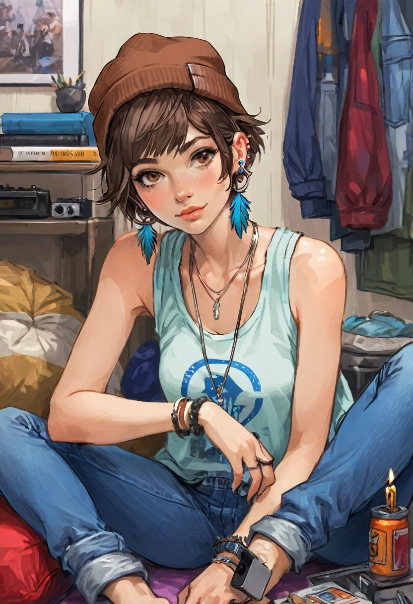 Adult female, mature, very short shaggy brown hair, brown beanie, brown eyes, baggy hipster clothes, tanktop, hipster room, chill demeanor, nonchalant, neutral expression, one blue feather earring, leaning back on bean bag, holding lighter, fully clothed, highly detailed, specific detail, perfect detail, perfect eyes, perfect hands