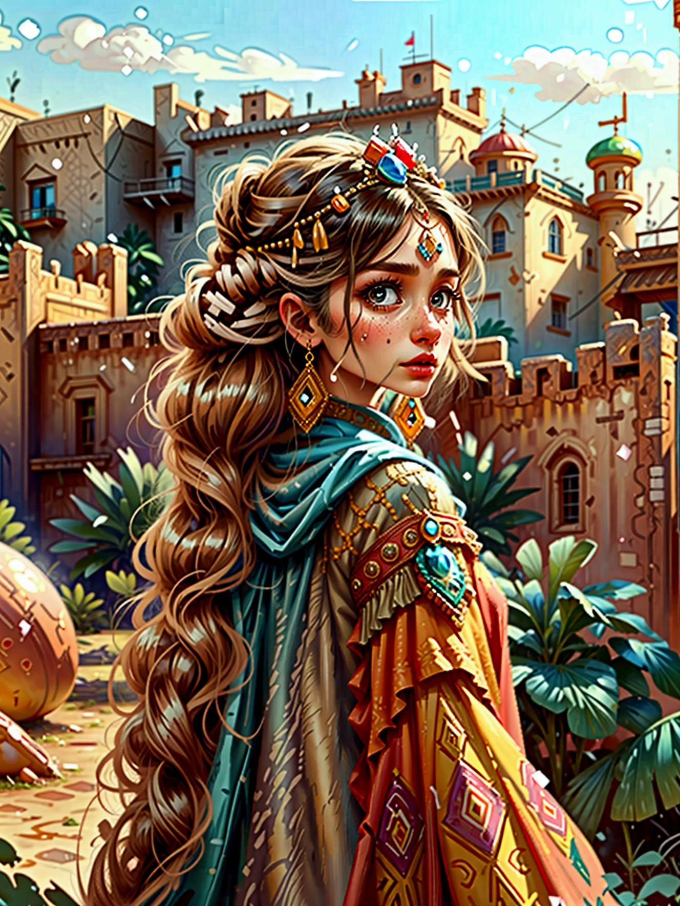 Desert Princess, Wear colorful traditional clothing, An atmosphere of magic and whimsy, Similar to the setting of an animation poster. She strikes a stunning pose in Algiers' enchanting castle, Usually shot with a wide-angle lens, Show the grandeur of the venue, A passion for color and vitality. Special focus on depicting the essence of North African culture and heritage, Embodying her inherent royalty and femininity