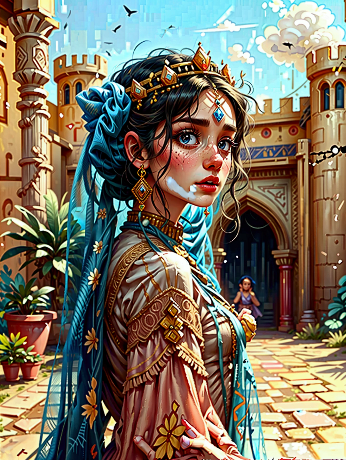 Desert Princess, Wear colorful traditional clothing, An atmosphere of magic and whimsy, Similar to the setting of an animation poster. She strikes a stunning pose in Algiers' enchanting castle, Usually shot with a wide-angle lens, Show the grandeur of the venue, A passion for color and vitality. Special focus on depicting the essence of North African culture and heritage, Embodying her inherent royalty and femininity