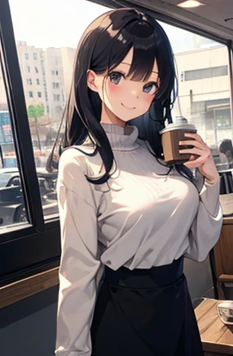 (Cute older sister:1.3)、 smile,winterの雰囲気、winter、lunch、coffee shop、Office Casual,Big Breasts、Long black hair