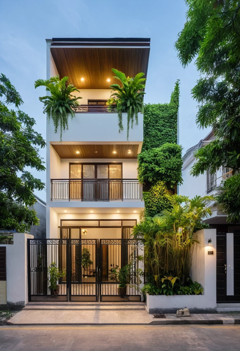 Modern two-story house in Võ Trọng Nghĩa style, green plants on balcony, large windows, big entrance door, street with sidewalk, trees, beautiful lighting