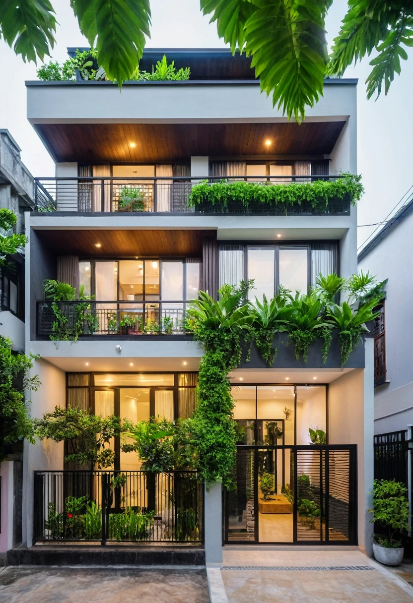 Modern two-story house in Võ Trọng Nghĩa style, green plants on balcony, large windows, big entrance door, street with sidewalk, trees, beautiful lighting