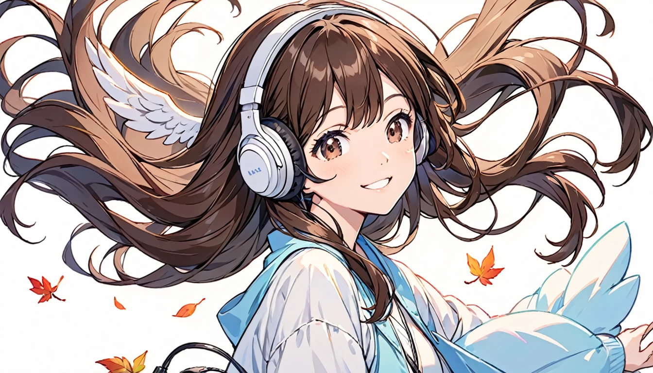Girl wearing headphones,Brown Hair,1 person,Leave the background to us,Smiling face,wing,To the tip of the head,Long Hair,