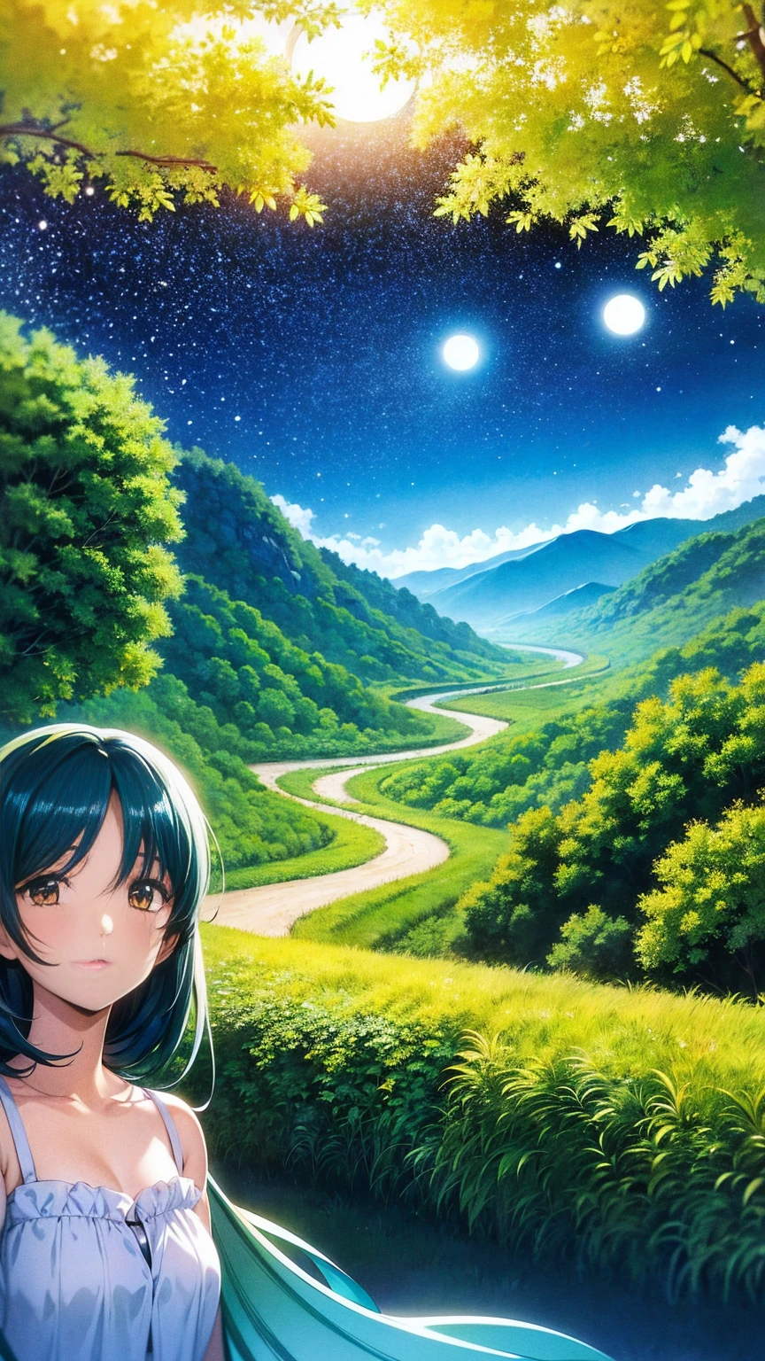 anime-style illustration, A tranquil landscape featuring a close-up of a young woman standing on a footpath, overlooks the vast expanse of blue sky. The scene is depicted in a highly saturated and vibrant style, intense and rich colors vivid. The lush greenery, cascading hills, rendered with strong exaggerated colors that enhance the natural beauty. The sky above is clear blue sky and distant mountain peaks. She is walking along a path illuminated by the moon and stars, creating a magical glow. The grassland is filled with glowing flowers, fireflies, and distant mountains under the night sky.