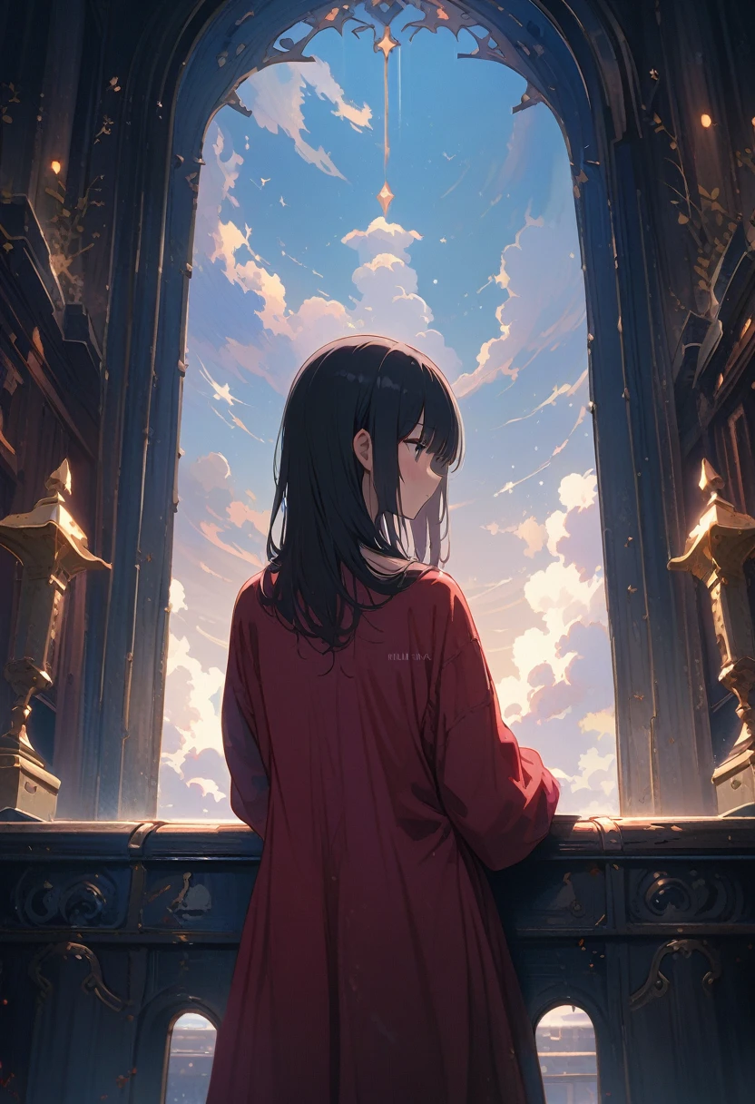(masterpiece, high quality, High detail, 4K, RTTX 10.0, High resolution:1.2),Angel、天nullから地上を見下ろすAngel、Back view、whole body、Looks lonely somewhere、Melancholy、null、nullから地上を見ている