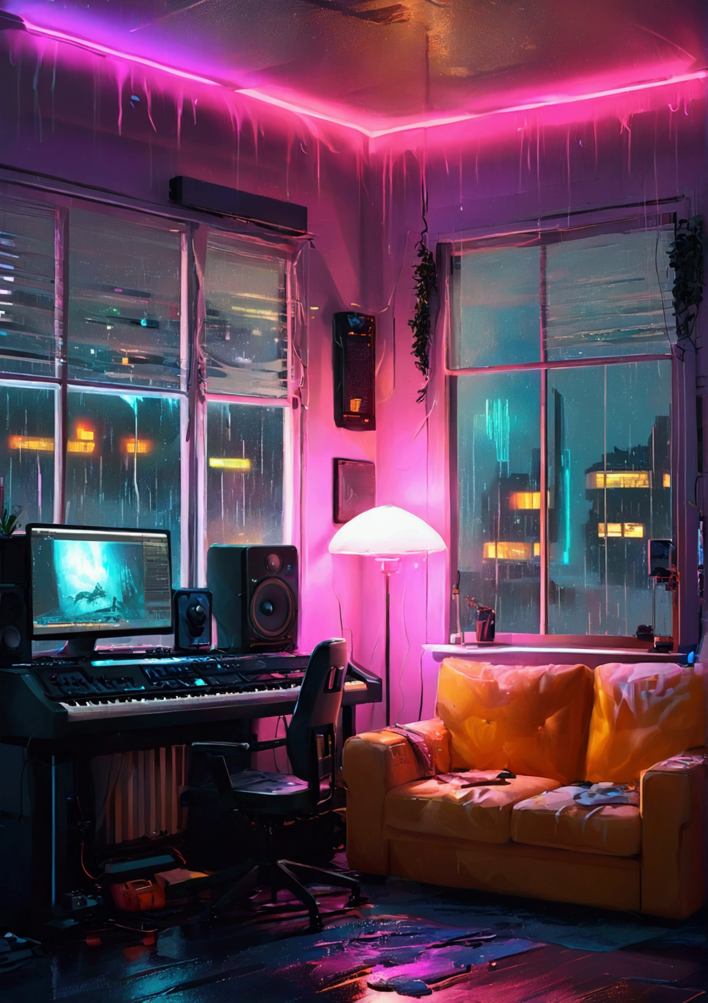 There is a room with a table, Chair, sofa,and computer monitor,keyboard,,And guitar,Arranger Mixer,KRK Audio,listener,Equipment Cable,Rainy night,Beeple inspired digital painting, Window shutters, Concept Art, 3D rendering beeple, Indoor Background Art, Synthwave Art style, フラットなSynthwave Artスタイル, Synthwave Art, Cyberpunk Teen Bedroom