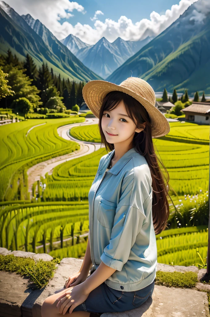 (absurdres, highres, ultra detailed, beautiful, masterpiece, best quality, )1 girl , half body shot, BREAK Terraced rice fields, rural villages, green landscapes, traditional farming, mountainous backdrops, peaceful atmosphere, BREAK Comfortable clothing, hat, sunscreen, light jacket,