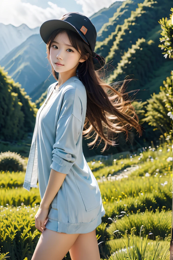 (absurdres, highres, ultra detailed, beautiful, masterpiece, best quality, )1 girl , half body shot, BREAK Terraced rice fields, rural villages, green landscapes, traditional farming, mountainous backdrops, peaceful atmosphere, BREAK Comfortable clothing, hat, sunscreen, light jacket,