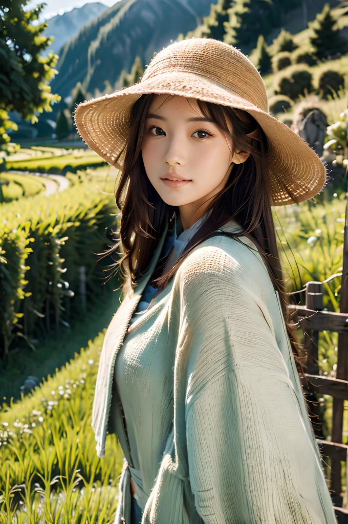 (absurdres, highres, ultra detailed, beautiful, masterpiece, best quality, )1 girl , half body shot, BREAK Terraced rice fields, rural villages, green landscapes, traditional farming, mountainous backdrops, peaceful atmosphere, BREAK Comfortable clothing, hat, sunscreen, light jacket,