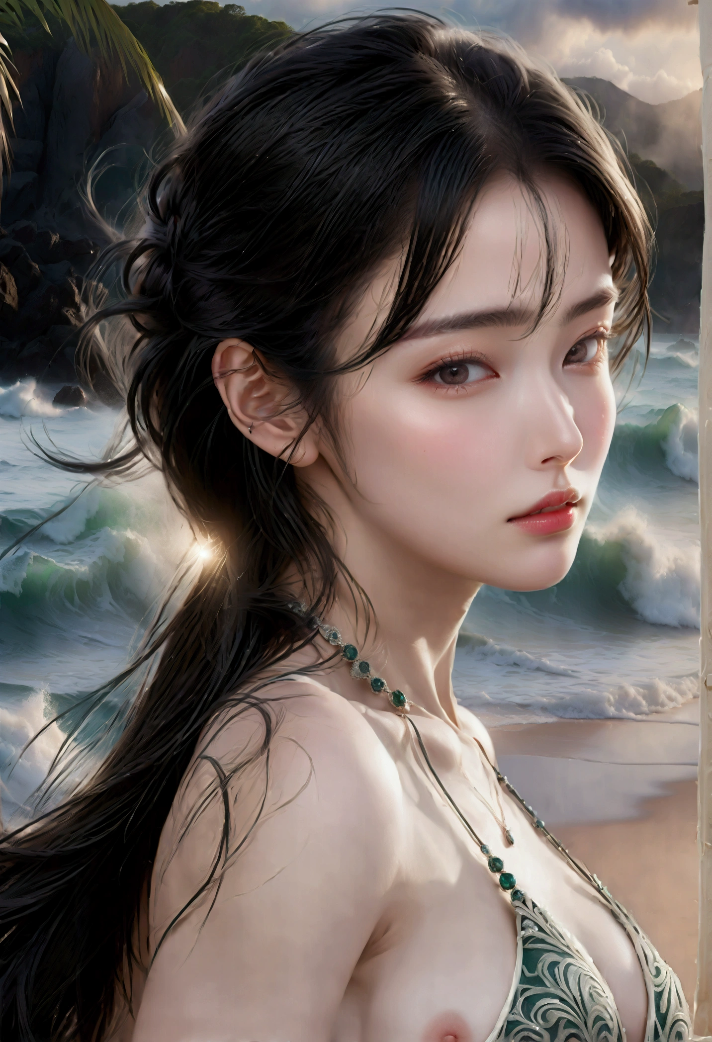 ((Masterpieces with up to 16K resolution:1.6)),Highest quality,it is really amazing,Very detailed,Ultra-high resolution,(Real:1.5),(Realistic:1.5),Increased depth of field,Cinematic Light,
Elegant mature woman,
Long black hair,(Exquisitely detailed face:1.5),Face with a gentle expression,Translucent white skin,Very sensitive skin,Great proportions,Anatomically correct body,
Elegant high leg swimsuit,Artistic design,Beautiful and detailed pattern,Detailed fabric texture,Gorgeous necklace,
Coastal landscape at dusk,Dark clouds and dark sky,delay々Continuing sandy beach, Deserted Beach,Dark sea surface,
(Dramatic Angle:1.6),