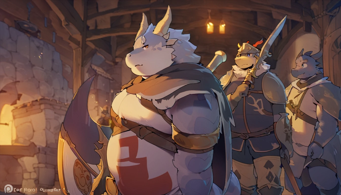 Dragon, male, furry anime,fat, chubby,main character,perfect body, detailed face,paladin,wearing Medieval adventure equipment ,A heavy greatsword on the back, Holding a large shield , medieval times, village,anthro,doujin,yaoi,fantasy world ,isekai, adventure,boukensha, masterpiece, Sinematic lighting,accurate, extremely detailed,artstation artwork,by quanjiang ,by @fansl_art 