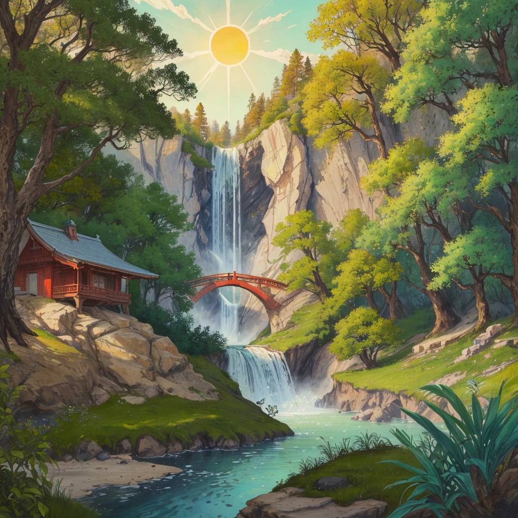 highres,absurdres,Highly detailed,ultra-fine painting,celluloid,fantasyArt,cinematic_lighting,waterfall,lake,spring,forest,chinese_style_loft,(masterpiece,high quality,best quality:1.3),sun,sky,nature,river,outdoors,cirrus,Cirrocumulus,stratus,road,flower,animals,
