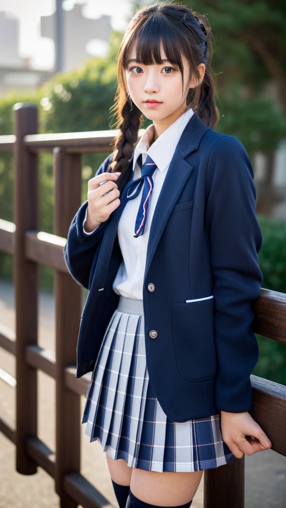 (masterpiece、8K、pieces fly、Raw photo:1.4)、High resolution、((located far away from people))、((Full body photo from face to toes))、big eyes and small face、height: 155cm、beautiful japanese girl、Smiling beautiful girl's smile、facing the front、stand with both feet together、because I'thin、stand up with good posture、Residential area in the morning、realistic、14 year old junior high school girl、bus stop、I was waiting alone、hang your school bag on your shoulder、、slender and delicate body、small breasts、Green Blazer Uniform、girls school uniform、plaid skirt、healthy young age woman、black tights、black tights、black knee high socks、brown loafers leather shoes、wear loafers、please keep your feet on the ground、full body shot、full body shot、Neat hairstyle details、とてもthin脚のラインを強調します