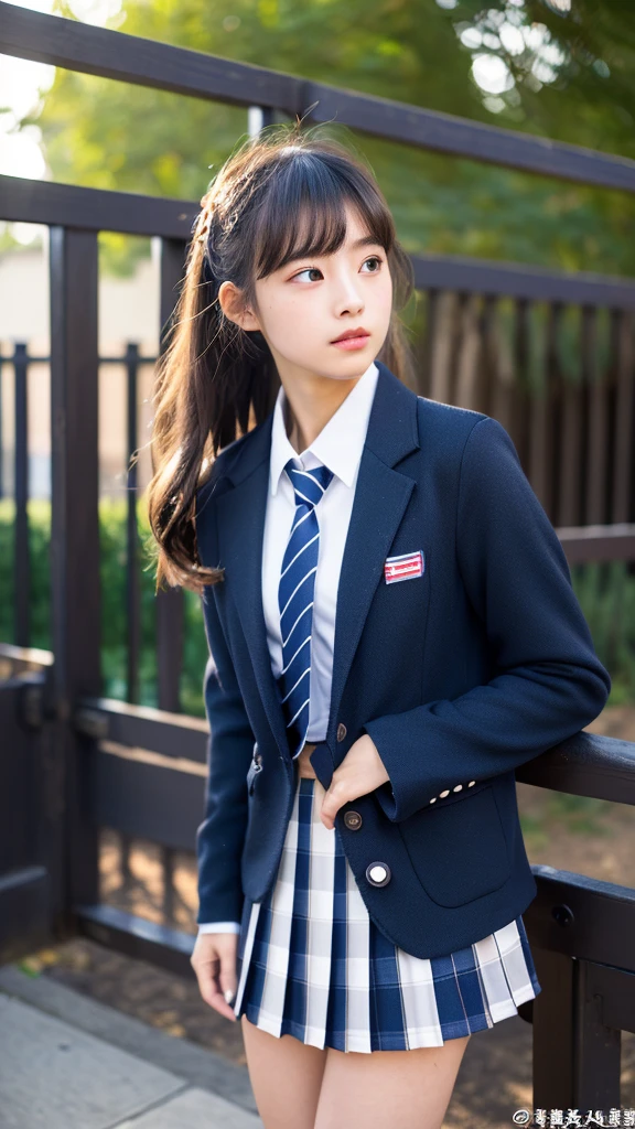 mix 4, (16K, Raw photo, best image quality, masterpiece: 1.45), (realistic, Photoreal: 1.37), one girl, cute, cityscape,, professional lighting, photon mapping, school classroom, Physically based rendering, dark brown hair,ponytail hairstyle, Beautiful well-groomed eyes、((double eyelid))、super cute girl, (((school uniform、blazer、Long-sleeved shirts worn by Japanese high school girls、ribbon tie、navy blue mini skirt,、dark blue socks、black loafers))), highest quality photos, High resolution, 1080P, (clear face), (Detailed facial description), (detailed description of hands), (masterpiece), (Detailed CG)、extreme light and shadow、messy hair、master work、Rich details、(detailed facial features)、(highest quality photoasseter muscle part)、(detailed eye)、look in front of you、thin clavicle、((slender and big))、(((Japanese high school girls wear jackets and long-sleeved shirts)))、((neat idol))、((school gate、schoolyard、School building in the background))、(Take photos from random viewpoints)、(((Anyway it&#39;s cute)))、earrings、big smile、Draw the whole body from the knees、Do not draw fine lines、(((Sports bags used by Japan schoolgirls)))、(Big breasts that hang down big:1.2)、big firm butt、Two arms and two legs、(((from the front:0.7)))、bare hands、(((symmetrical eyes)))、standing pose、put your hands on the desk、don&#39;t take the tie out of the jacket、raise your butt:1.5，bareback:1.5，