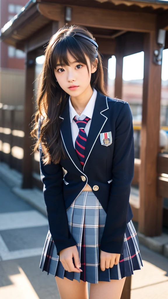 mix 4, (16K, Raw photo, best image quality, masterpiece: 1.45), (realistic, Photoreal: 1.37), one girl, cute, cityscape,, professional lighting, photon mapping, school classroom, Physically based rendering, dark brown hair,ponytail hairstyle, Beautiful well-groomed eyes、((double eyelid))、super cute girl, (((school uniform、blazer、Long-sleeved shirts worn by Japanese high school girls、ribbon tie、navy blue mini skirt,、dark blue socks、black loafers))), highest quality photos, High resolution, 1080P, (clear face), (Detailed facial description), (detailed description of hands), (masterpiece), (Detailed CG)、extreme light and shadow、messy hair、master work、Rich details、(detailed facial features)、(highest quality photoasseter muscle part)、(detailed eye)、look in front of you、thin clavicle、((slender and big))、(((Japanese high school girls wear jackets and long-sleeved shirts)))、((neat idol))、((school gate、schoolyard、School building in the background))、(Take photos from random viewpoints)、(((Anyway it&#39;s cute)))、earrings、big smile、Draw the whole body from the knees、Do not draw fine lines、(((Sports bags used by Japan schoolgirls)))、(Big breasts that hang down big:1.2)、big firm butt、Two arms and two legs、(((from the front:0.7)))、bare hands、(((symmetrical eyes)))、standing pose、put your hands on the desk、don&#39;t take the tie out of the jacket、raise your butt:1.5，bareback:1.5，