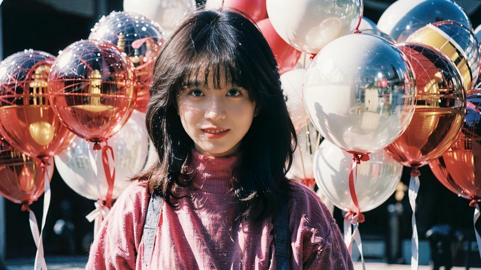 akina nakamori side portrait fashion portrait photo of a beautiful smiling young woman from the 60s wearing a red turtleneck standing amidst a ton of white balloons, taken with a medium format hasselblad camera , akina nakamori , light and shadow