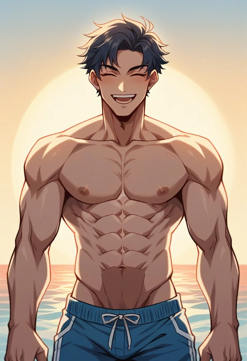 At a beautiful beach with golden sands and clear blue waters, a handsome couple with K-pop idol-like features enjoys their time together. The man has short dark hair, a well-defined jawline, and a toned physique, wearing stylish swim trunks. The woman has long flowing dark hair, a V-shaped face, and a fit, athletic build, dressed in a fashionable bikini. Both have flawless skin and are smiling and laughing, capturing a moment of pure joy. In the background, gentle waves and a clear sky enhance the serene and happy atmosphere. The sunlight casts a warm glow, making the scene vibrant and lively.