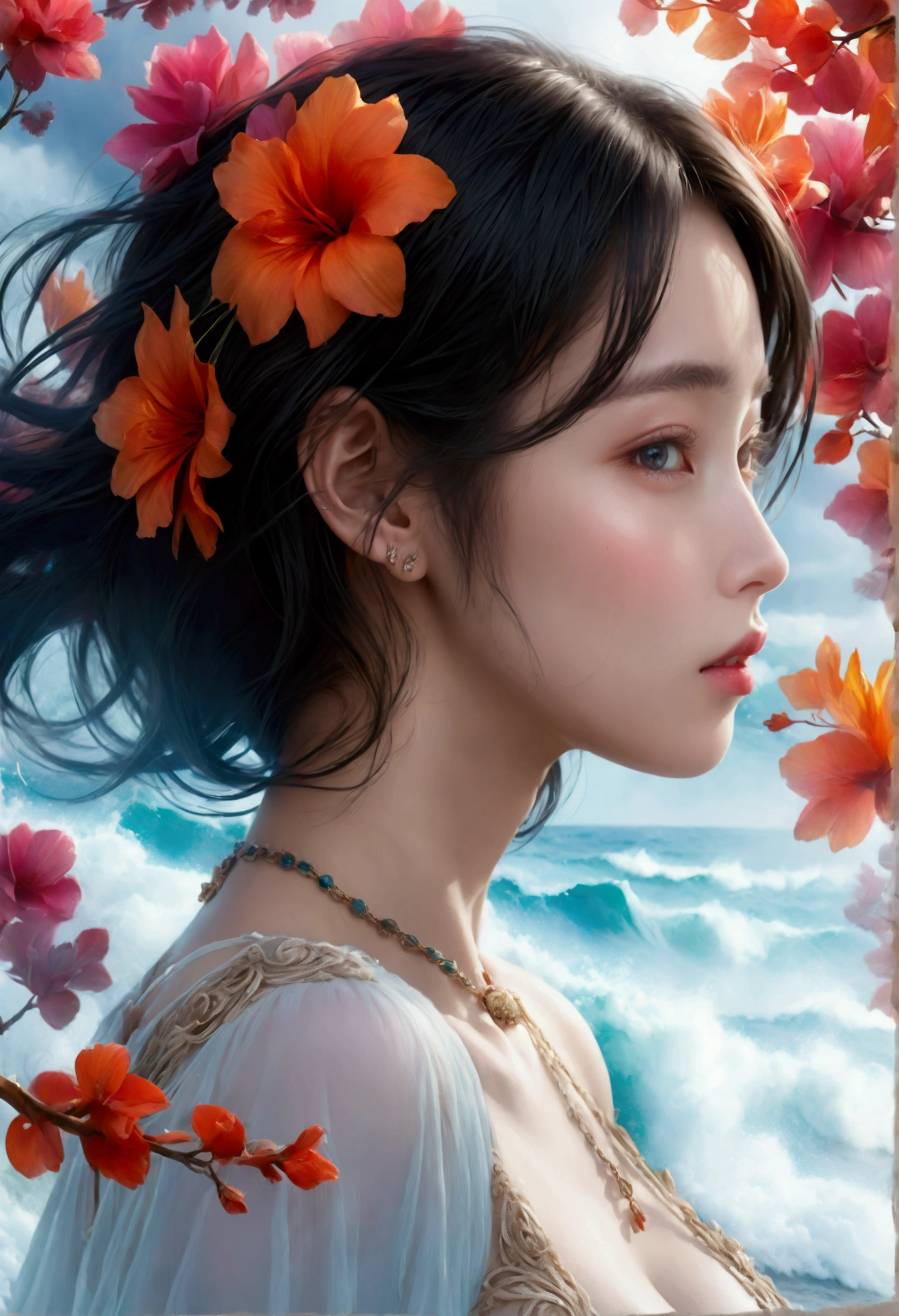 ((Masterpieces with up to 16K resolution:1.6)),Highest quality,it is really amazing,Very detailed,Ultra-high resolution,(Real:1.5),(Realistic:1.5),Increased depth of field,Cinematic Light,
Elegant mature woman,
Long black hair,(Exquisitely detailed face:1.5),Face with a gentle expression,Translucent white skin,Very sensitive skin,Great proportions,Anatomically correct body,
Elegant bikini swimwear,Artistic design,Beautiful and detailed pattern,Detailed fabric texture,Gorgeous necklace,
Coastal landscape at dusk,Dark clouds and dark sky,delay々Continuing sandy beach, Deserted Beach,Dark sea surface,
(Dramatic Angle:1.6),