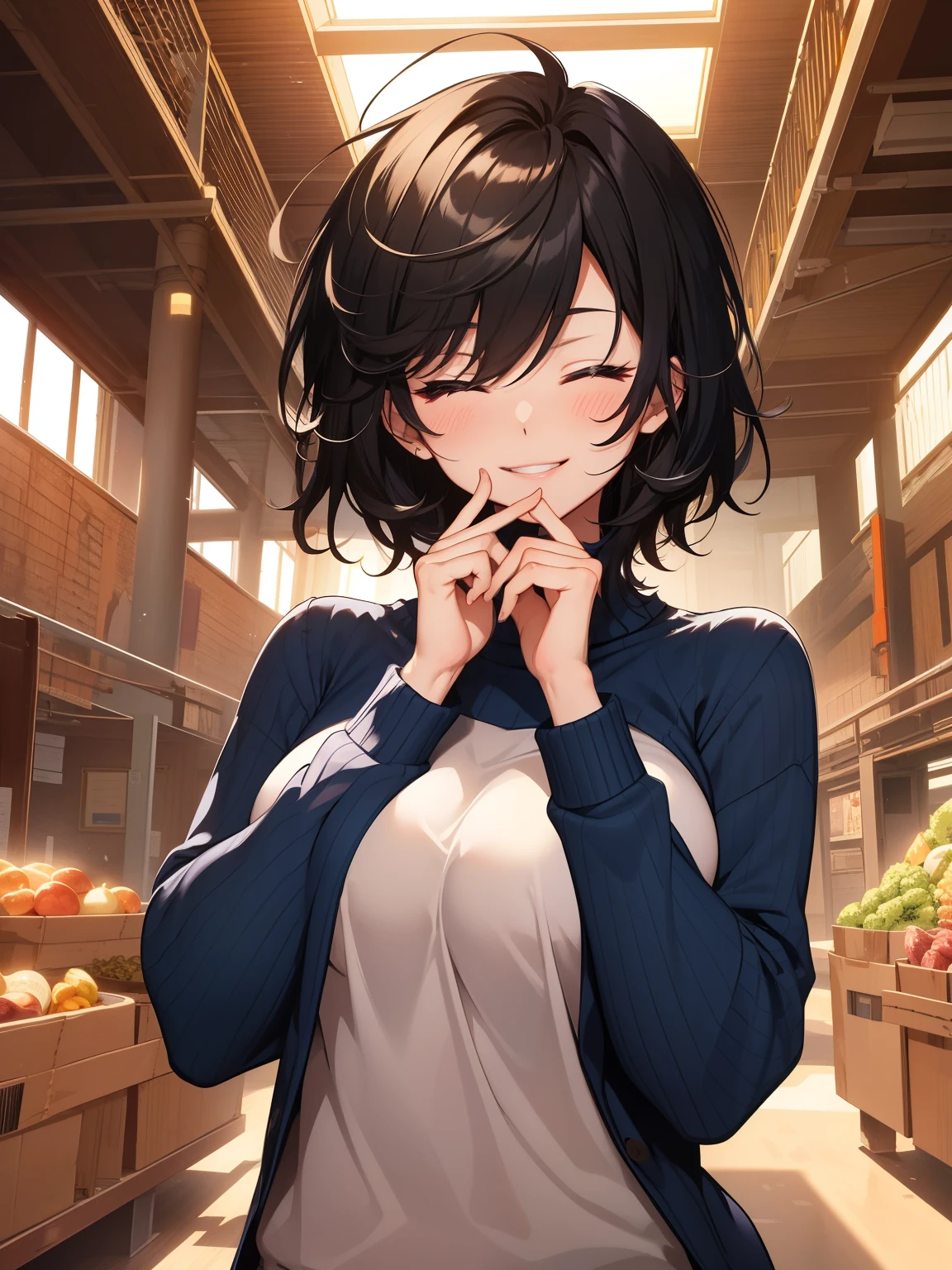 (masterpiece, best quality, high resolution), (illustration:1.0),(perfect hands,perfect anatomy), perfect lighting, 1girl, solo focus, blush, smile, happy, ribbed blue sweater, black hair, short hair, messy hair, eyes closed, indoors, breasts,