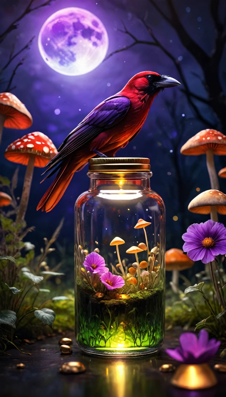 a masterpiece in a glass bottle, Red and Gold Crow, Mushroom field, Purple Flower, Dark and ghostly background, moon, (Highest quality,4K,8K,High resolution,masterpiece:1.2),Super detailed,(Realistic,photoRealistic,photo-Realistic:1.37),High resolution,超High resolution,Studio Lighting,Ultra-fine painting,Sharp focus,Physically Based Rendering,Very detailed explanation,Professional,Vibrant colors,Bokeh,Dark fantasy,spooky,Gloomy atmosphere,Cinema Lighting