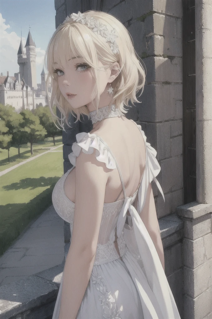 2girl, back to back, side view, medieval castle behind, ,blonde, beautiful detailed white eyes, short haircut, chocker, beautiful detailed lips, extremely detailed face, Morning, upper body, 8k, raw photo, best quality, masterpiece, realistic, photo-realistic. large breasts