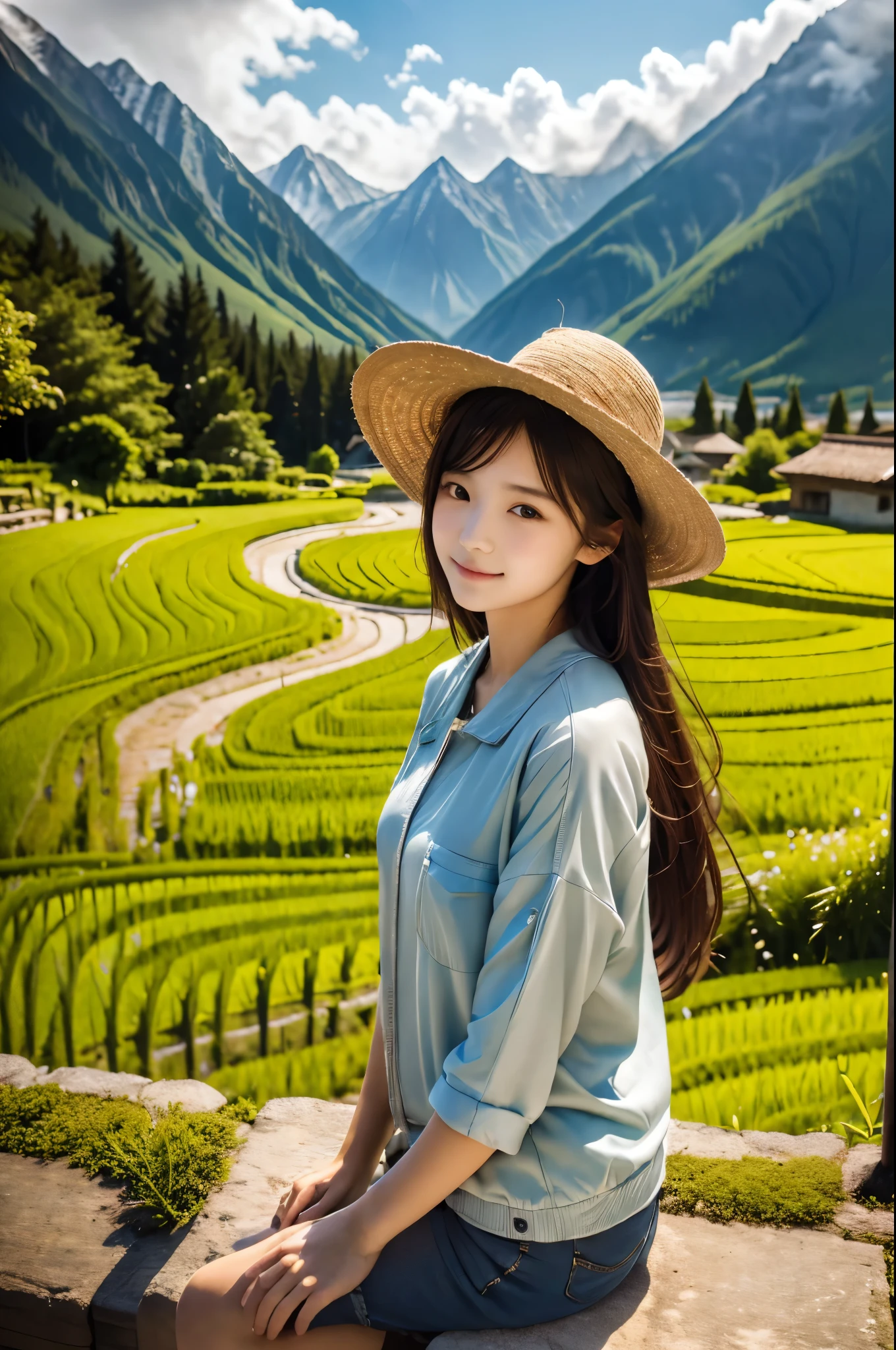 (absurdres, highres, ultra detailed, beautiful, masterpiece, best quality, )1 girl , half body shot, BREAK Terraced rice fields, rural villages, green landscapes, traditional farming, mountainous backdrops, peaceful atmosphere, BREAK Comfortable clothing, hat, sunscreen, light jacket,
