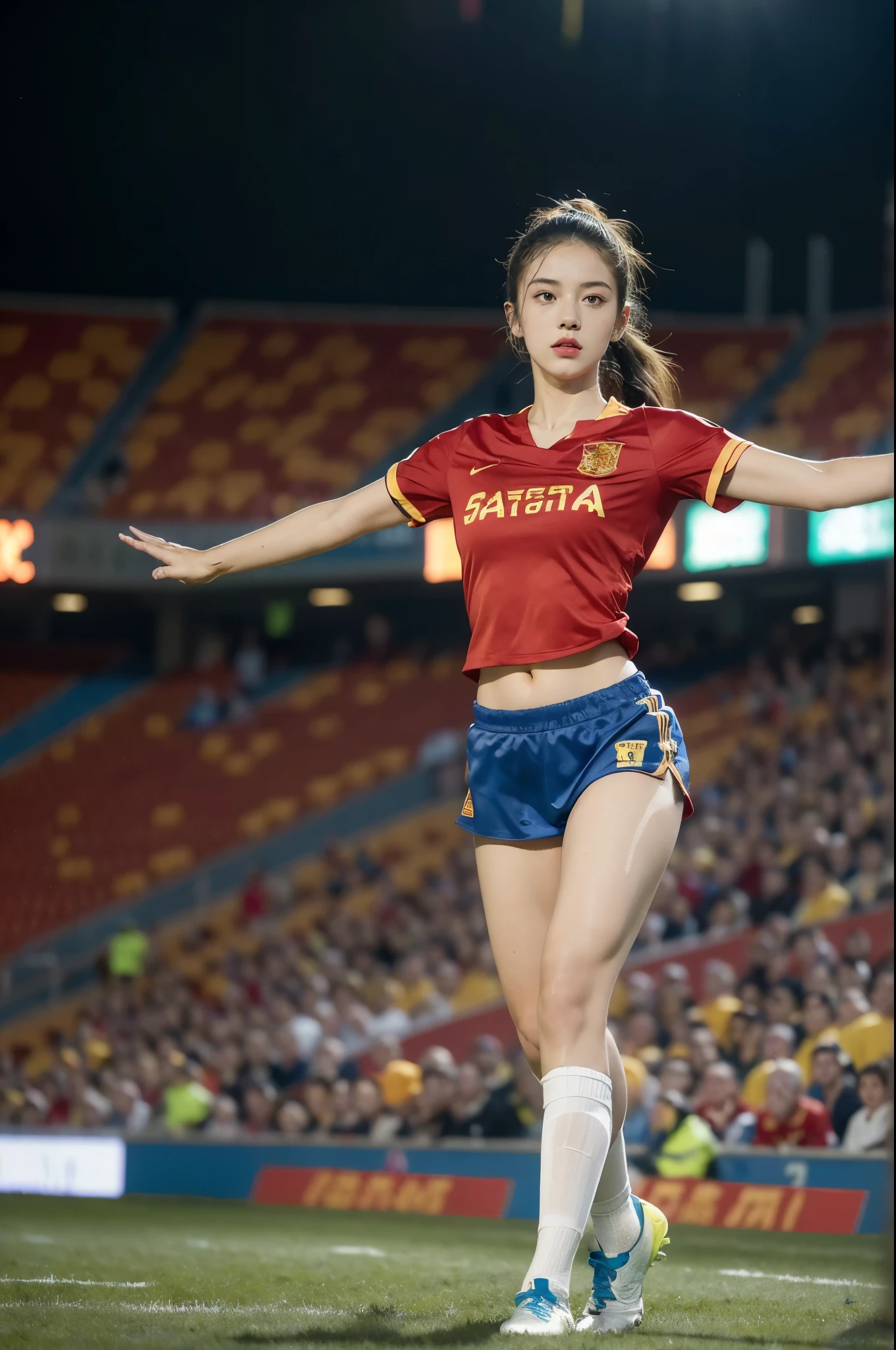 (((best quality))),(((ultra detailed))),(((masterpiece))),illustration,((1 beautiful girl,female footballer,solo)),((small breasts,flat chest)),((slim,thin)),summer night,stadium,crowded stands,enthusiastic spectators,football match,(short ponytail:1.2),(short sleeves:1.2),((Spain team kit,red shirt,blue shorts)),(slender legs:1.2),(football:1.3),fluid movements,powerful,sweat,forehead,exhaustion,passion for football,purposeful running,electric atmosphere,crowd roar,critical juncture,pressure,undeterred,floodlights,luminous glow,long shadows,drama,breathtaking sight,raw passion,unbridled energy,determination,skill,embodiment of sport's spirit,strength,resilience of human spirit,(standing:1.3),((from front,full body))