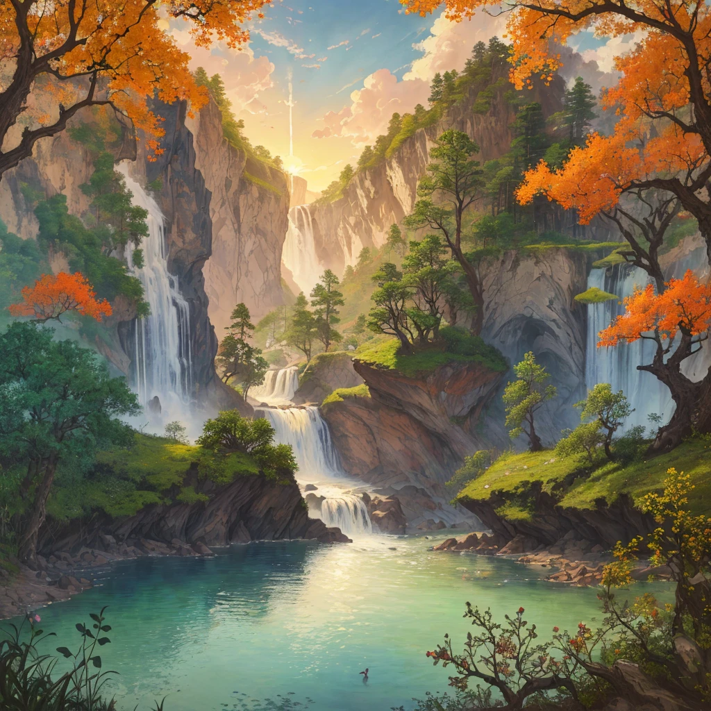 highres,absurdres,Highly detailed,ultra-fine painting,celluloid,fantasyArt,cinematic_lighting,waterfall,lake,spring,forest,chinese_style_loft,(masterpiece,high quality,best quality:1.3),sun,sky,nature,river,outdoors,cirrus,Cirrocumulus,stratus,road,flower,animals,