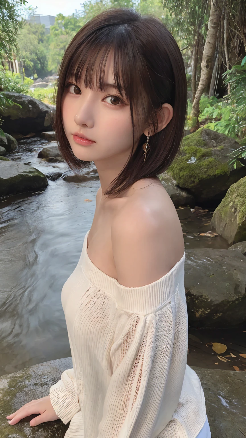 One Girl, (beautiful girl, Delicate girl:1.3), (:1.3),
break,  (string、Off-the-shoulder tops:1.2),
break, (Small waterfall　background:1.2),
break, Very beautiful eyes, (Symmetrical eyes:1.3),
break, (Big Breasts:1.1), Brown eyes, Parted bangs, Brown bob cut hair, Round face, cute,
break, (Eye and facial details:1.0),
break, (masterpiece, Highest quality, Very detailed, Detailed face, 8K)