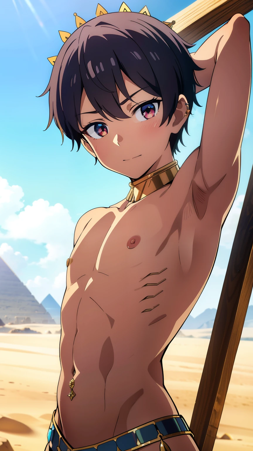 Highres, Masterpiece, Best quality at best,Best Quality,hight quality, hight detailed, 1boy, Shota, (Showing armpit:1.3), ear-old b Young boy, Desert, Egypt, Happy, upper body, Shirtless, topless, Give me the proportional body of a 12 year own, Headdress, navel piercing, Gold accessories, masterpiece，hight setail, best quality, UHD, bokeh