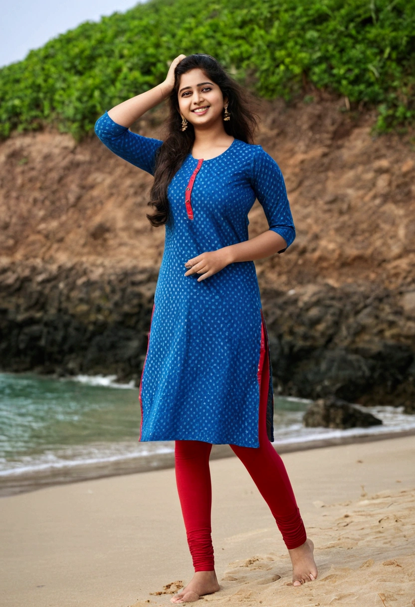 curvy thick Indian young beautiful 18years Indian teen, slim body, nice curves, cotton fabric Indian blue kurti, indian kurti, cotton tight red leggings, outdoor, COOL WEATHER, standing near beach, seaside, photorealistic, lusty smile on face, flirting face, big , five_fingers, infulencer, model ,