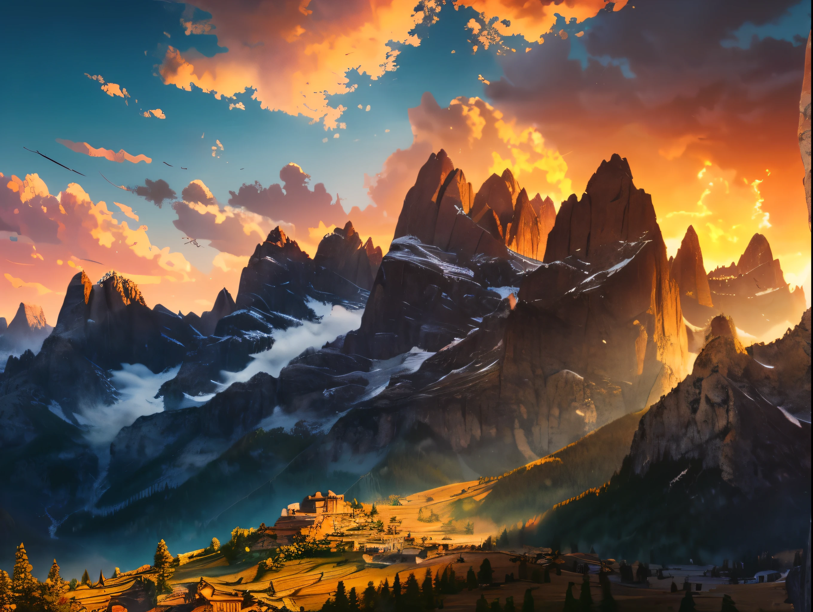 a sunset in the mountains, beautiful mountains, dramatic clouds, golden hour, sun rays, digital painting, highly detailed, vibrant colors, cinematic lighting, photorealistic, 8k, intricate details, stunning scenery, serene landscape, atmospheric mood, epic scale, stunning vista, breathtaking panorama, nature photography, majestic mountains
