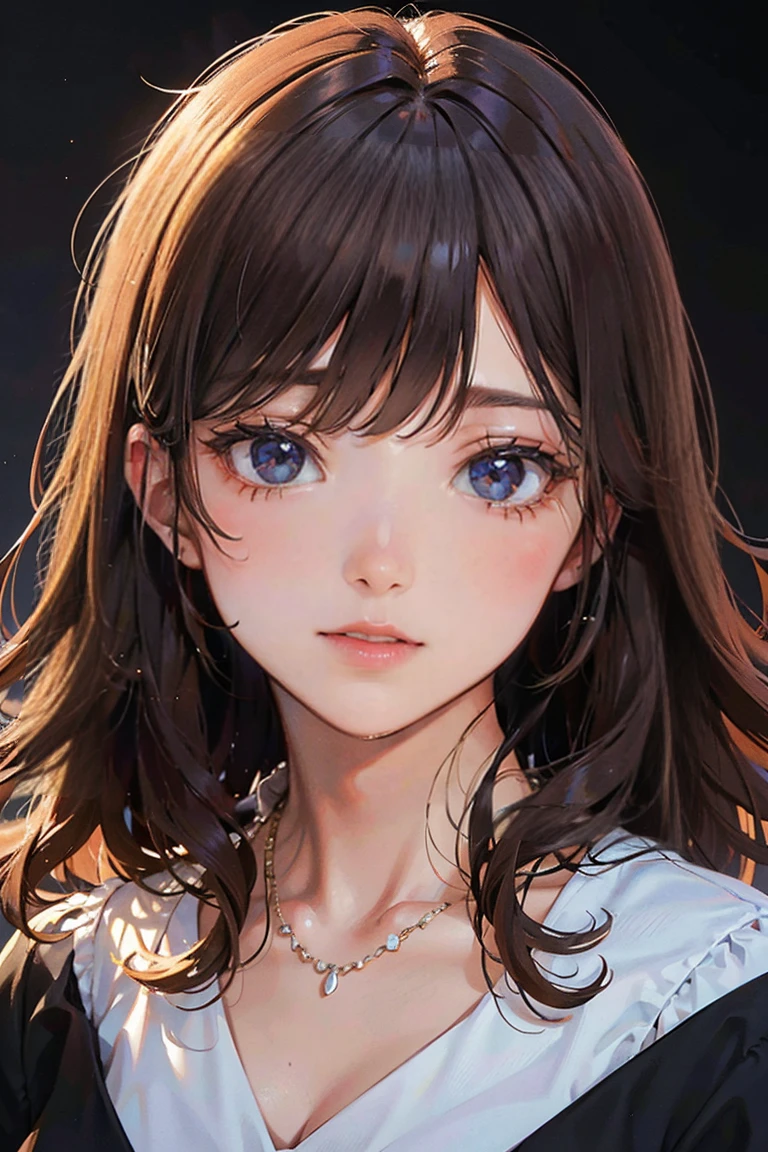 (masterpiece, Highest quality:1.3), (Very detailed:1.2), (hyperRealistic:1.3), (RAW Photos:1.2), High resolutionRAWカラー写真, Professional photos, (PhotoRealistic:1.4), (Realistic:1.4), (Brown Hair:1.5), Professional Lighting, Perfect Anatomy, (Big Breasts:1.2), (blush, Detailed face), (Smile:1.7), sexy, erotic sexy, ((Portraiture)), She has a sophisticated and attractive appearance., Striking black eyes.long hair, Curly Hair,her hair is black, Bright red stripes, Create dramatic contrast. She has a confident and seductive look, Exudes elegance and mystery. Her skin is white, She wears elegant jewelry, Includes a delicate necklace. She is wearing a simple blouse., Highlighting her elegant and captivating presence. ((Portraiture, High resolution, Dark Background)),Glasses,Bright atmosphere,smile
