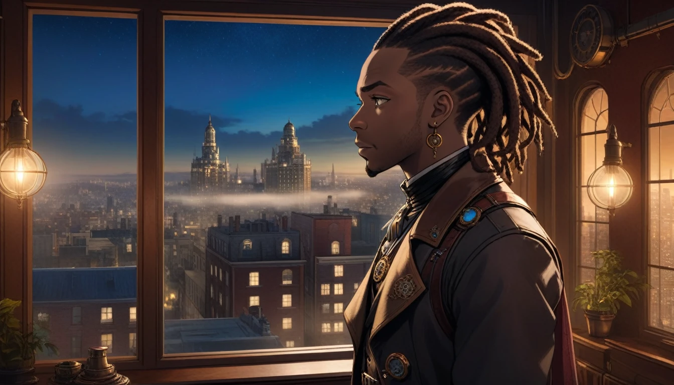 at night, front view of a black man with locs overlooking a city out of a large window in a steampunk 20th century apartment 