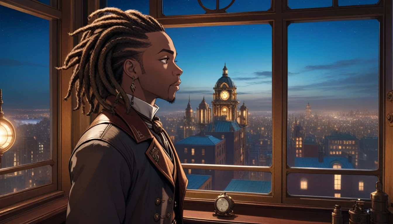 at night, front view of a black man with locs overlooking a city out of a large window in a steampunk 20th century apartment