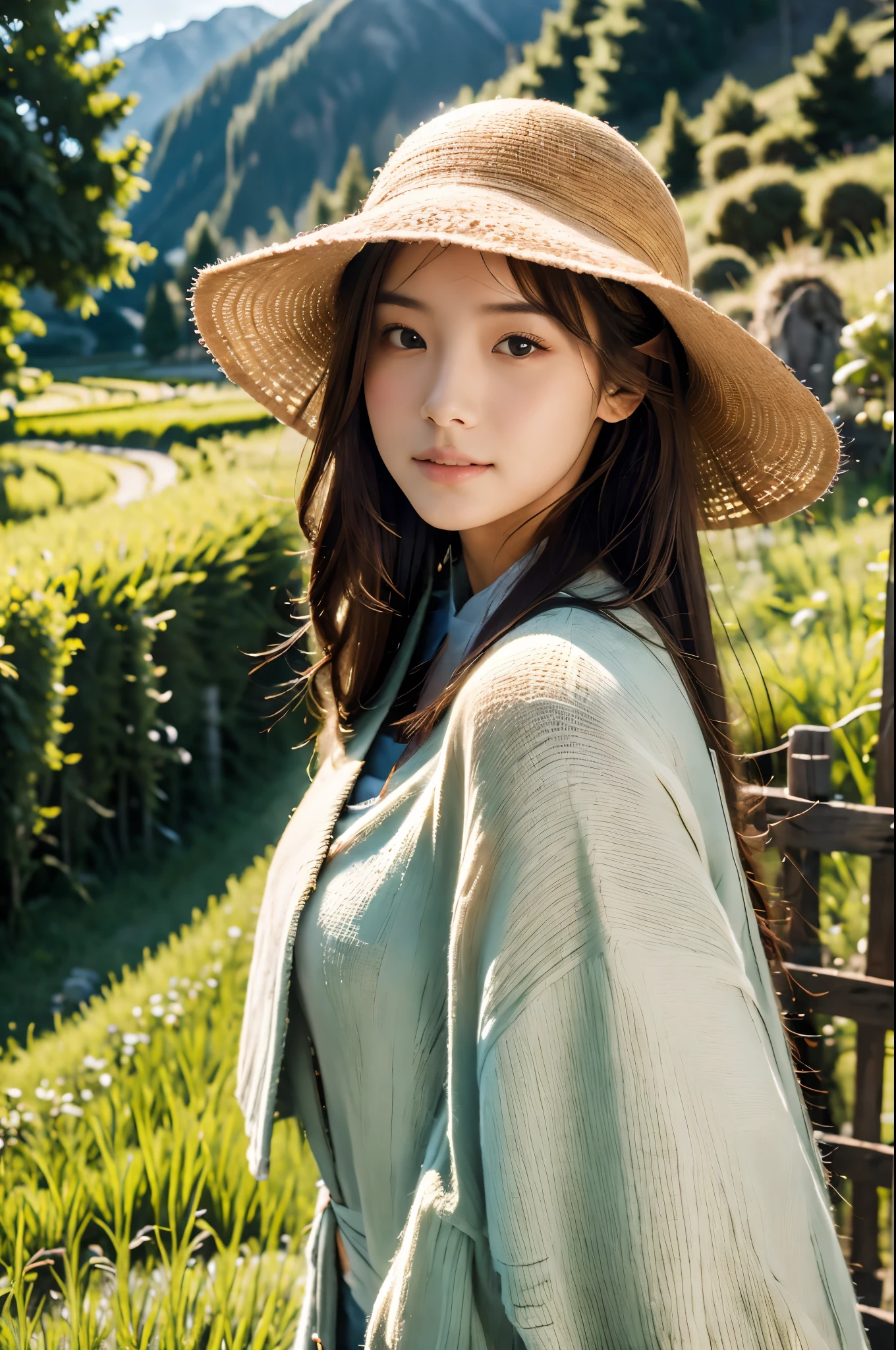 (absurdres, highres, ultra detailed, beautiful, masterpiece, best quality, )1 girl , half body shot, BREAK Terraced rice fields, rural villages, green landscapes, traditional farming, mountainous backdrops, peaceful atmosphere, BREAK Comfortable clothing, hat, sunscreen, light jacket,