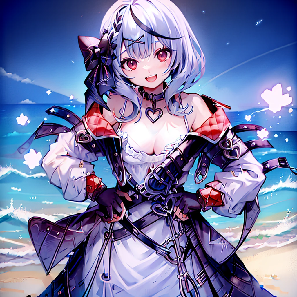 8K、4K、Hololive、Sand Flower and Crocodile、1 person、solo、gloves、tooth、Food、Look at the viewer、smile、Foodを上げ、Off the shoulder、肌のtooth、blush、Hands on hips、Open your mouth、:d、Open clothes、Cowboy Shot、のFood、shirt、Pleated skirt、Open jacket、Long sleeve、mini skirt、Ocean、Beach、background、null、night、star、masterpiece、High resolution、High definition、
