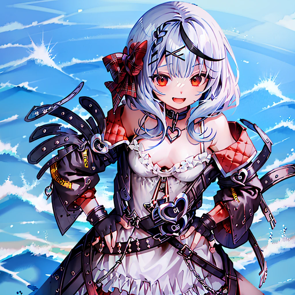 8K、4K、Hololive、Sand Flower and Crocodile、1 person、solo、gloves、tooth、Food、Look at the viewer、smile、Foodを上げ、Off the shoulder、肌のtooth、blush、Hands on hips、Open your mouth、:d、Open clothes、Cowboy Shot、のFood、shirt、Pleated skirt、Open jacket、Long sleeve、mini skirt、Ocean、Beach、background、null、night、star、masterpiece、High resolution、High definition、