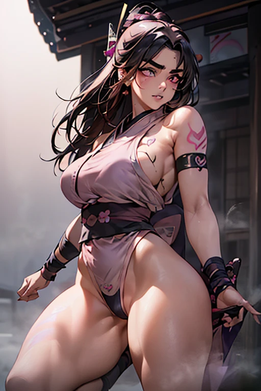 Raise your hands behind your head、night、(masterpiece、Highest quality、Very detailed、so beautiful、Full Body)、(((Pink dense fog effect:1.9)))、Attractive woman、Angry expression、Sweating profusely、soaked、((Alluring female ninja、Purple Shinobi Costume:1.8))、(Thick lips、Thick eyebrows、Almond-colored eyes、Black Hair:1.6)、((Skin:1.4))、Chest wrap、Navy blue long scarf、(From below:1.2)、Japanese garden、(pubic tattoo、glowing tattoo:1.3)
